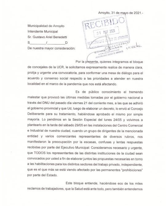 Nota enviada por el bloque UCR Arroyito