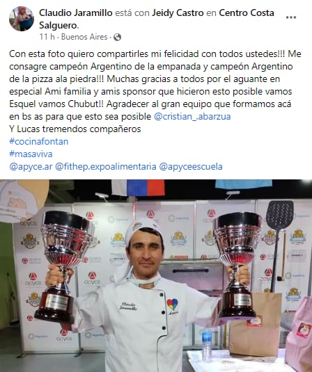 Claudio Jaramillo es el chubutense que destacó en la preparación de pizza a la piedra y empanada.