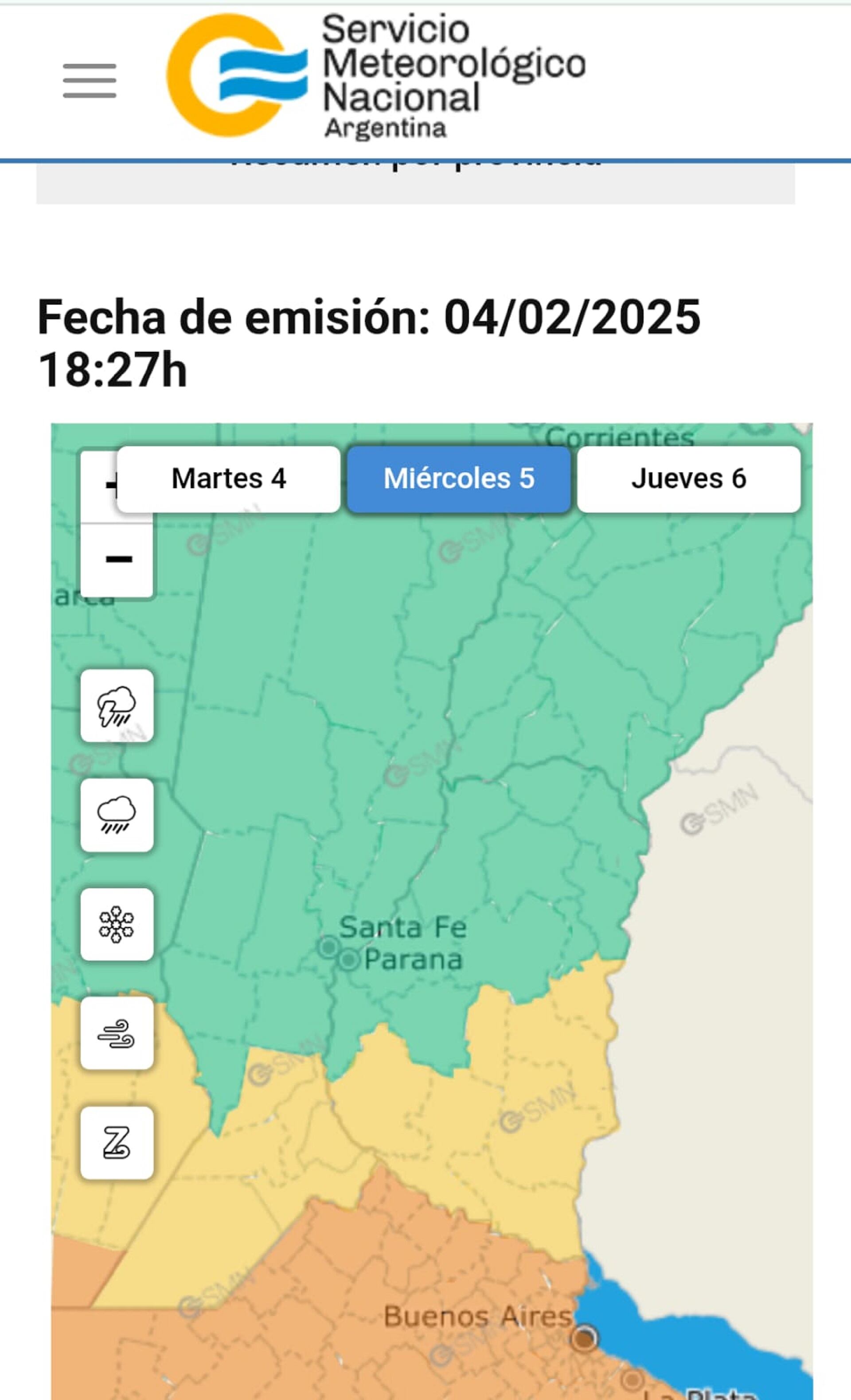 Alerta amarillo por lluvias y tormentas fuertes en Entre Ríos