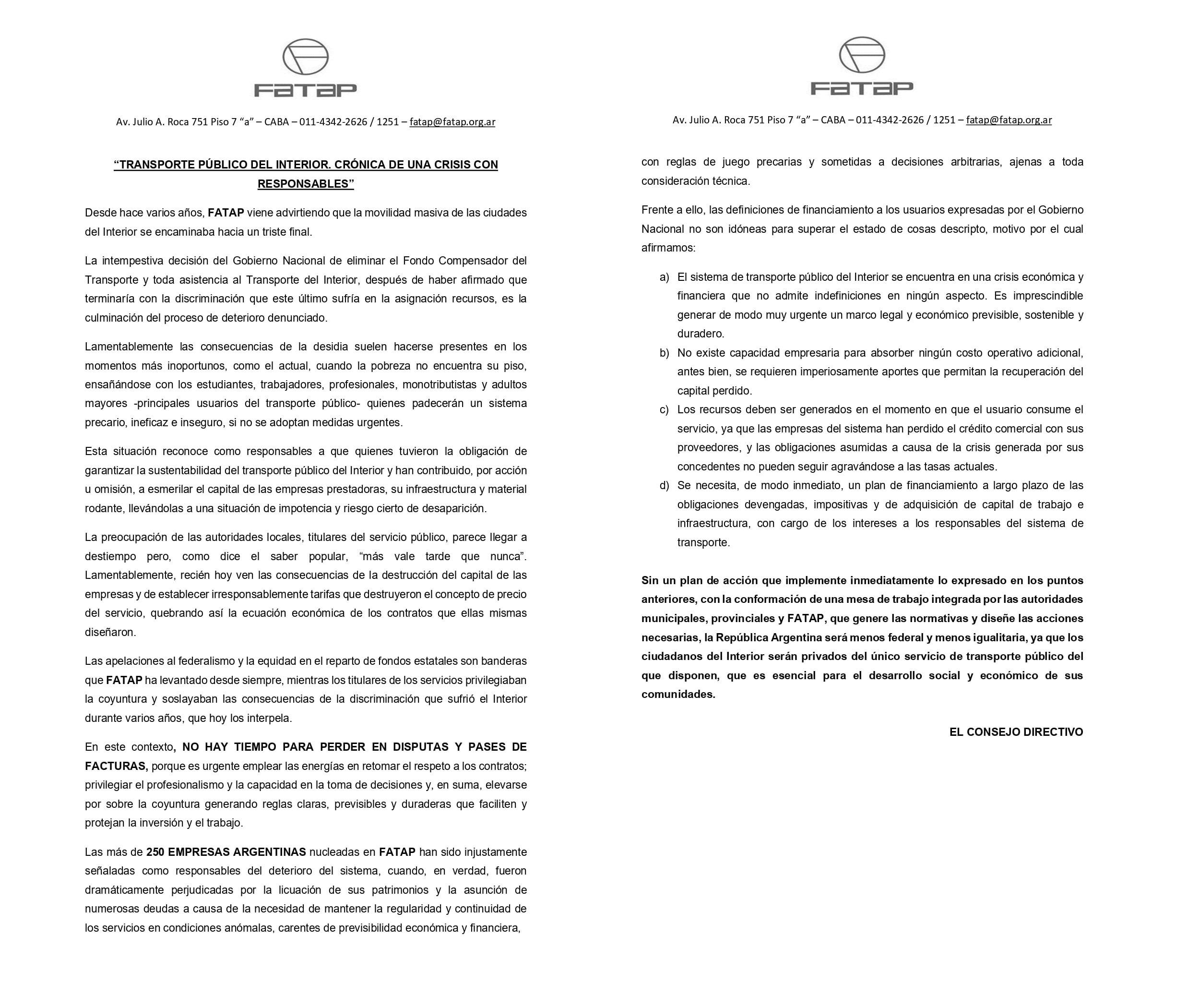 Comunicado de la Federación Argentina de Transportadores por Automotor de Pasajeros.