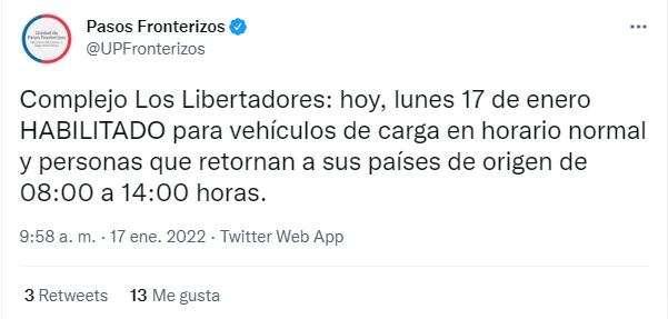 Comunicado de Pasos Fronterizos sobre quienes pueden ingresar a Chile.