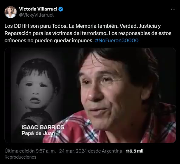 El tuit de Victoria Villarruel en el Día de la Memoria, Verdad y Justicia.