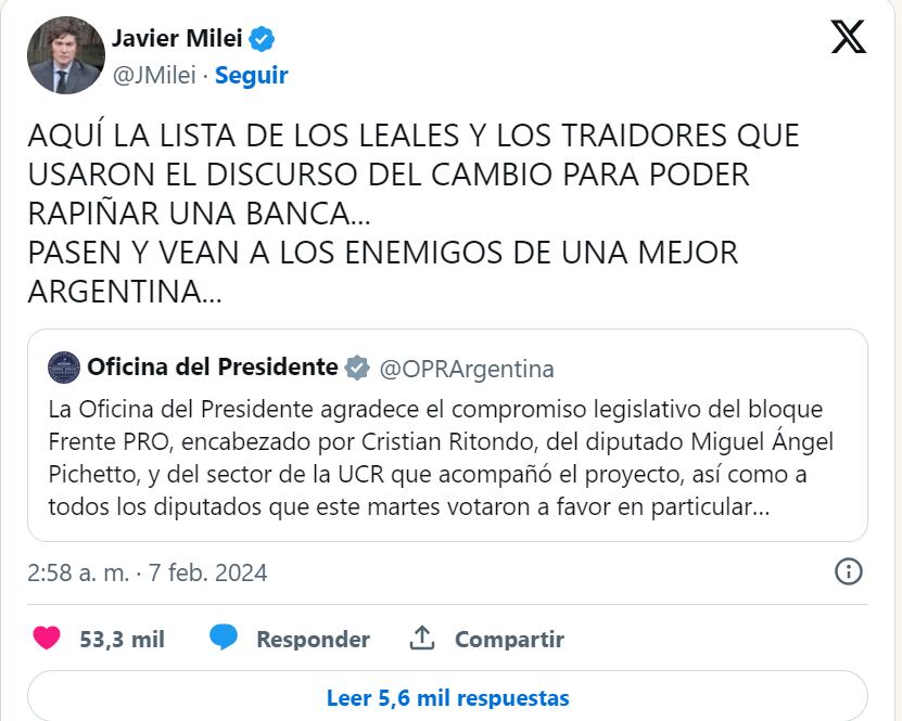 El comunicado de la Oficina del Presidente y el retuir de Javier Milei desde Roma.