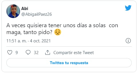 El tuit donde expresaba su deseo de pasar tiempo a solas con su pareja. Twitter. Captura de pantalla.