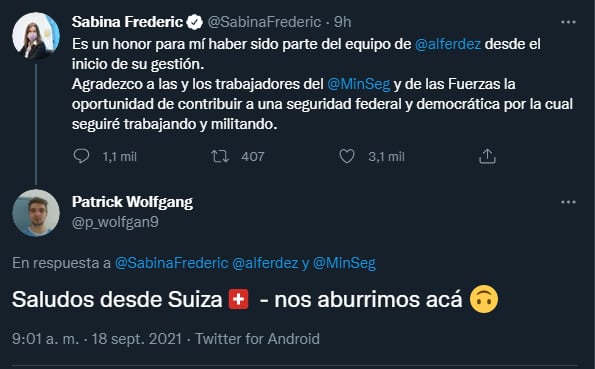 Sabina Frederic se despidió del Gobierno por las redes y los usuarios ironizaron con la Embajada de Suiza