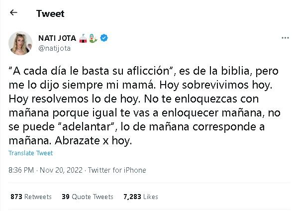 La reflexión que Nati Jota le dedicó a sus seguidores.