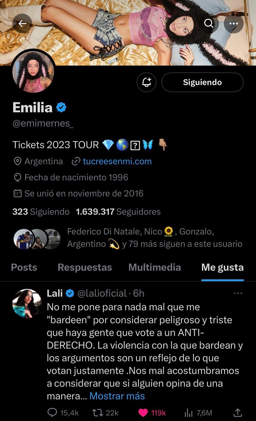 Emilia Mernes le dio un "me gusta" en apoyo a Lali.