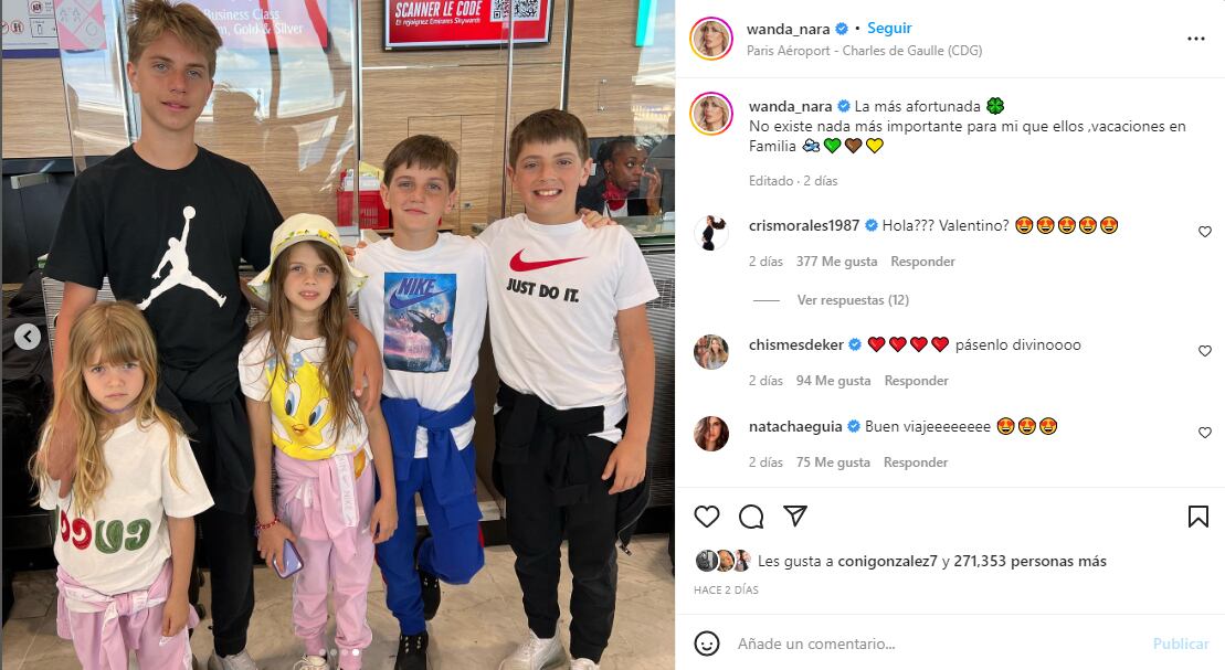 Wanda Nara de viaje con su marido y los hijos de ambos.