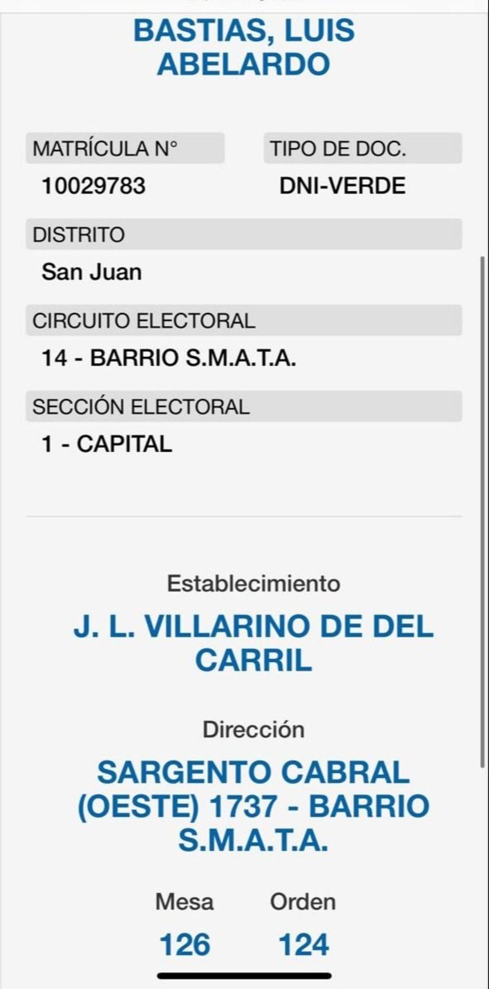 La captura del padrón electoral donde figura el sanjuanino fallecido en 1998.