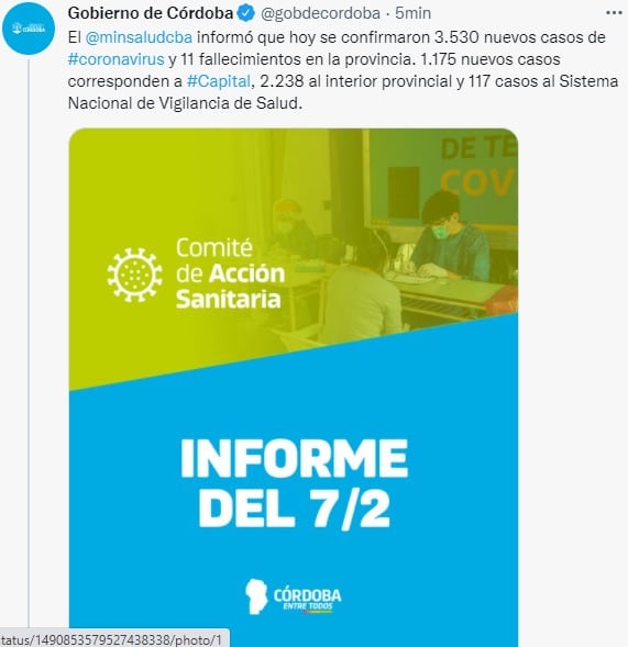 Los casos diarios de Covid en Córdoba, con un marcado descenso.