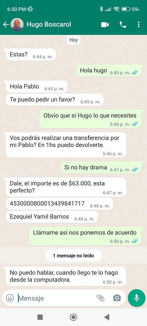 Esta fue la charla difundida, en donde pedían hacer un depósito a nombre del intendente de Suardi, Hugo Boscarol