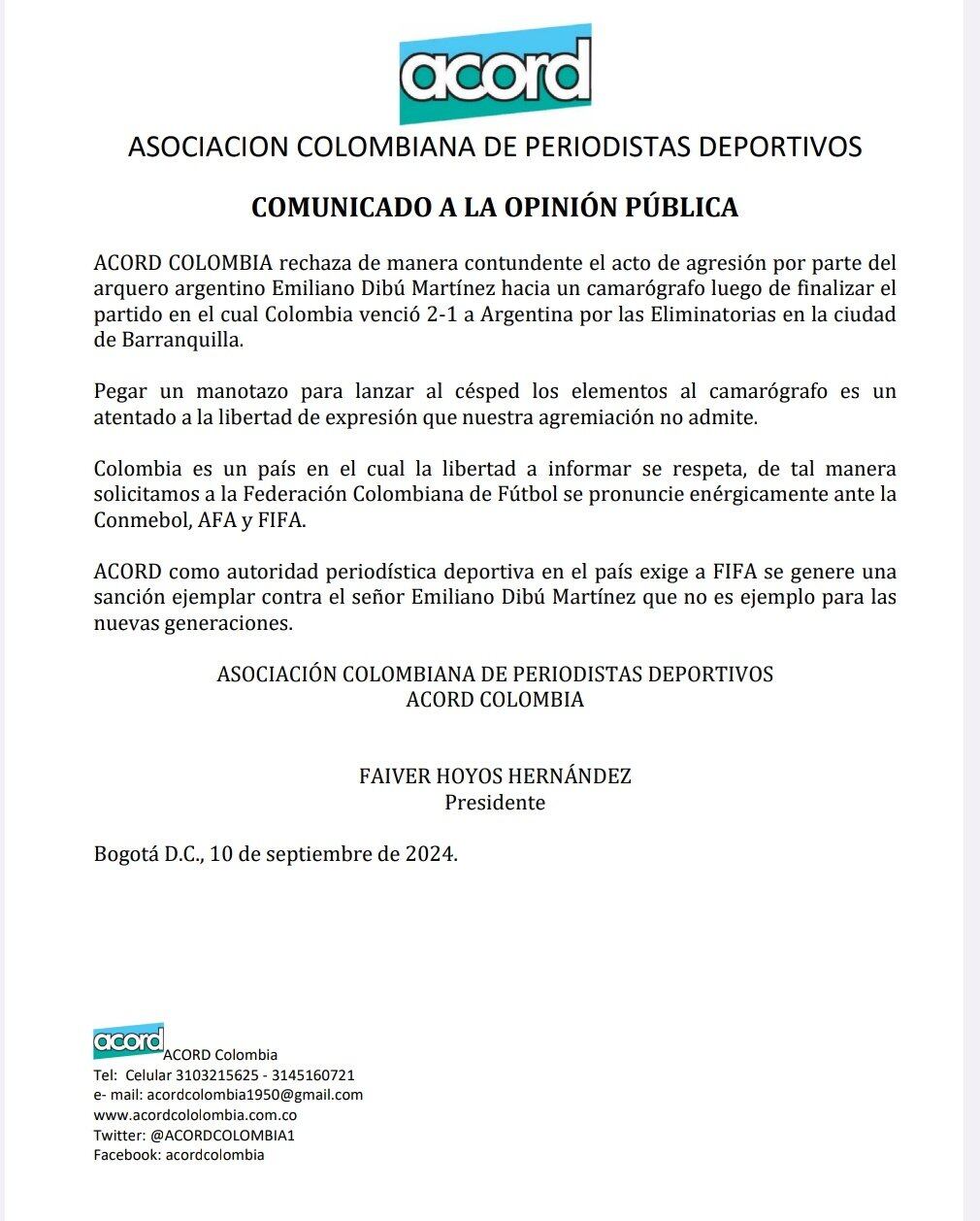 Asociación Colombiana de Periodistas Deportivos pide sanción al Dibu.