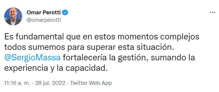 El gobernador Omar Perotti apoyó la convocatoria a Sergio Massa para integrar el Gobierno nacional.