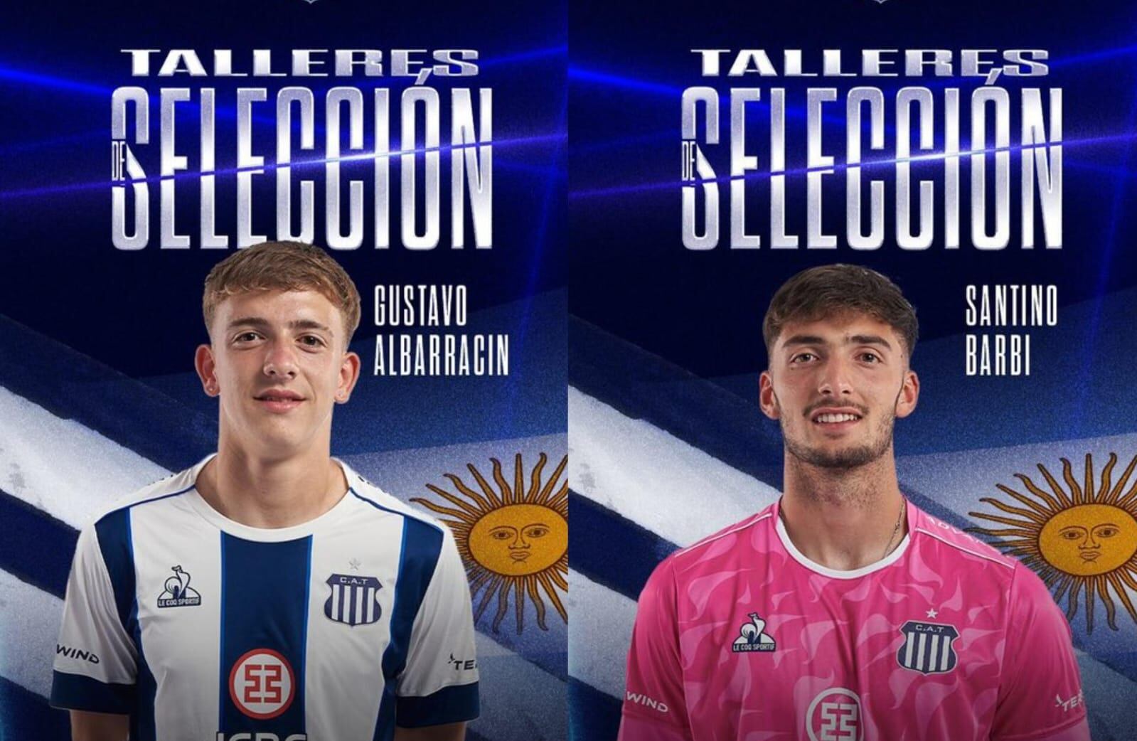 Gustavo Albarracín y Santino Barbi. El volante y el arquero de Talleres van a la sub 20 de Javier Mascherano para jugar dos amistosos. (Prensa Talleres)