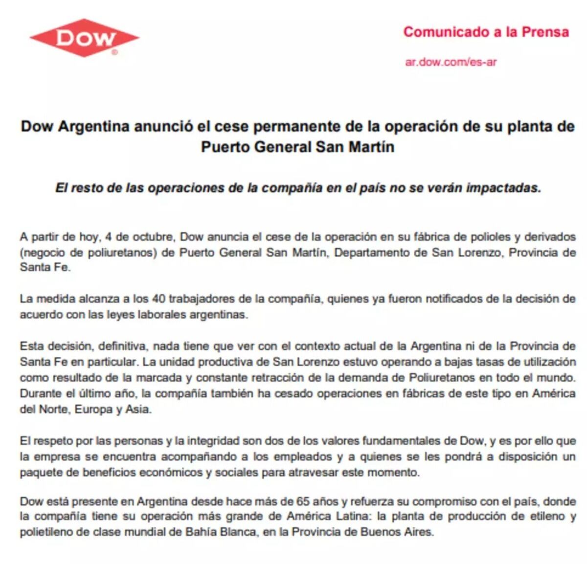 Dow anunció la decisión públicamente mediante un escrito.