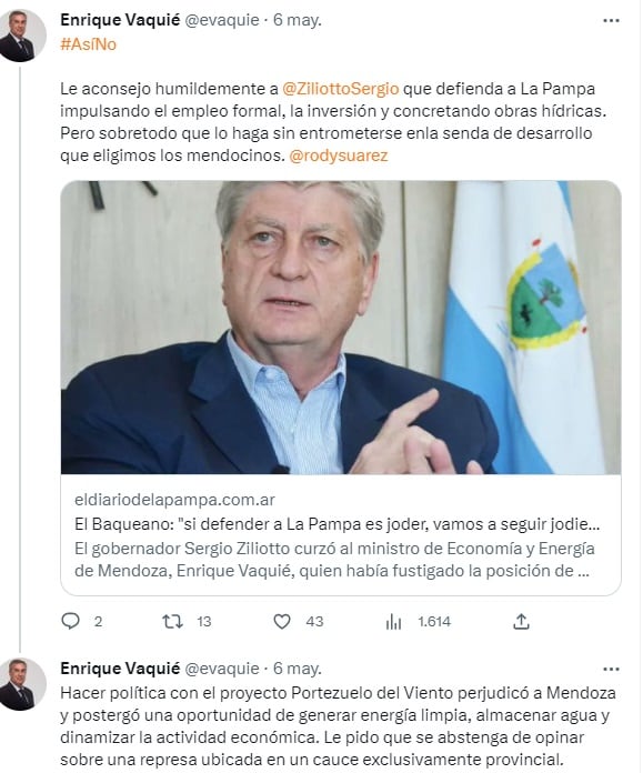 Enrique Vaquié (Mendoza) le contestó a el gobernador de La Pampa, Sergio Ziliotto, sobre la construcción de la presa El Baqueano en San Rafael.