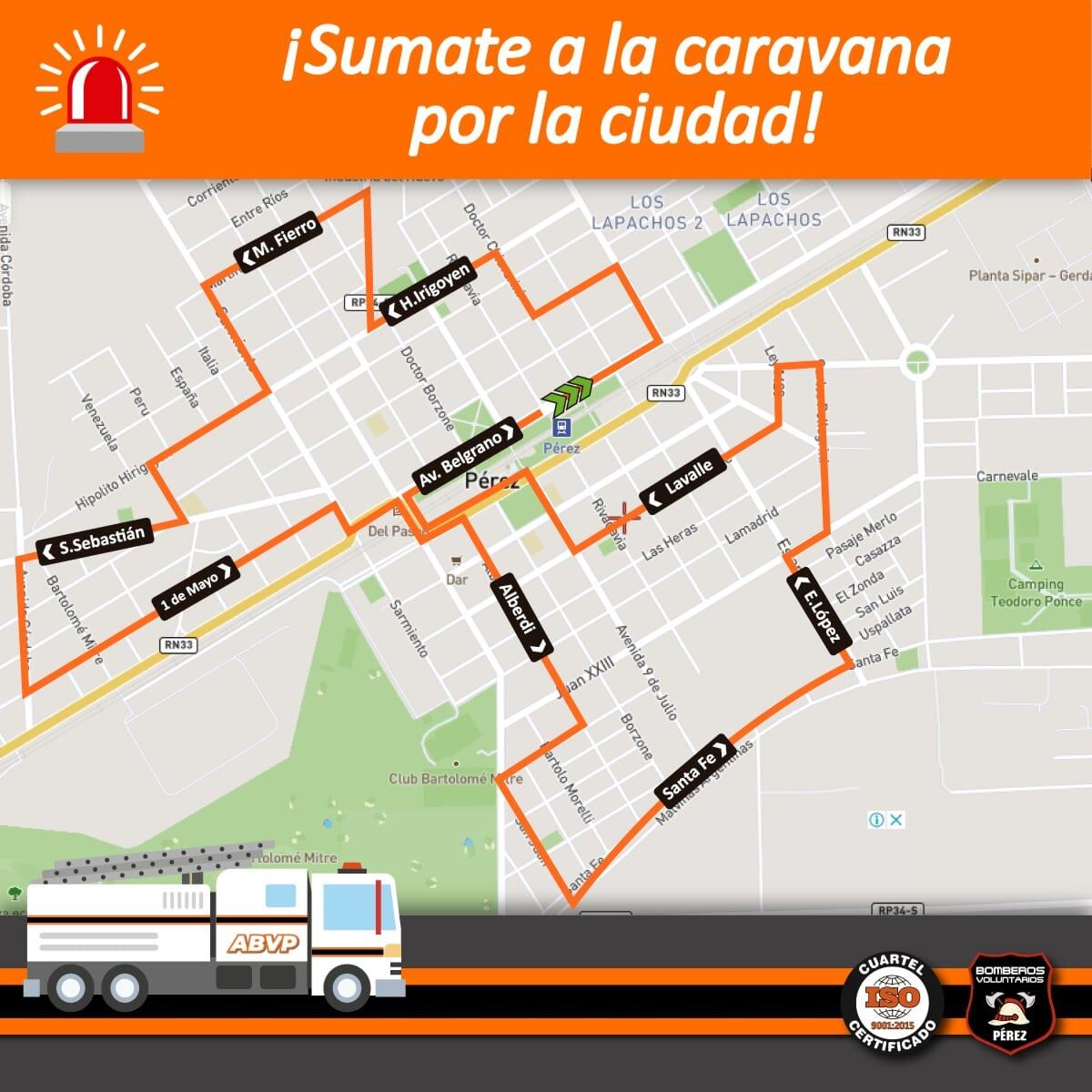 Recorrido de la caravana por los distintos sectores de la ciudad que realizarán los Bomberos con la nueva autobomba.