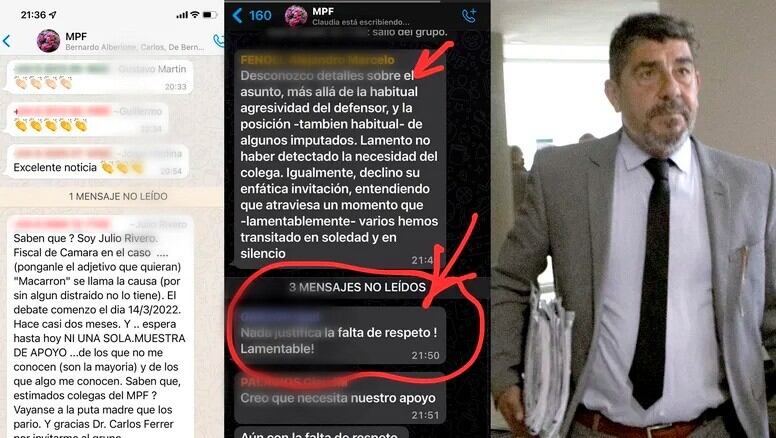 La charla del fiscal del caso Nora Dalmasso, Julio Rivero, en el grupo de Whatsapp de los fiscales. (Puntal)