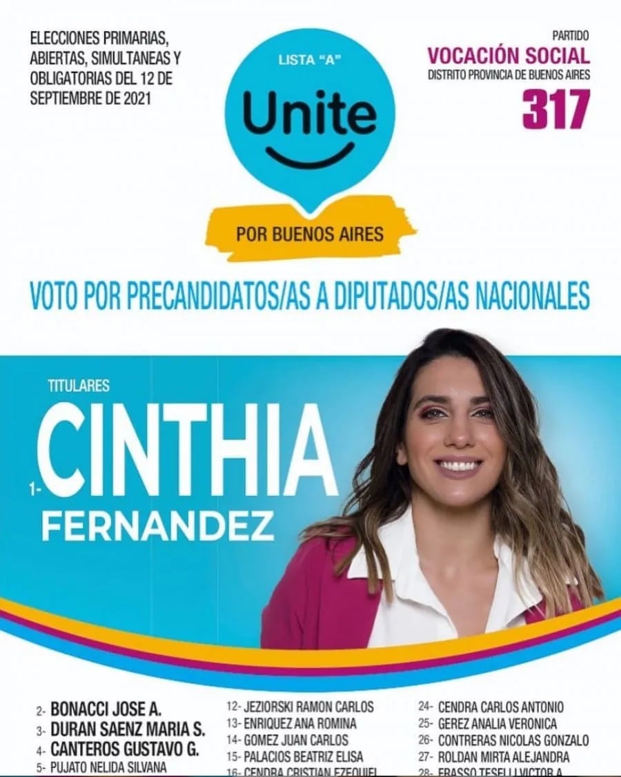 La boleta de Cinthia Fernández como precandidata a diputada nacional en Buenos Aires