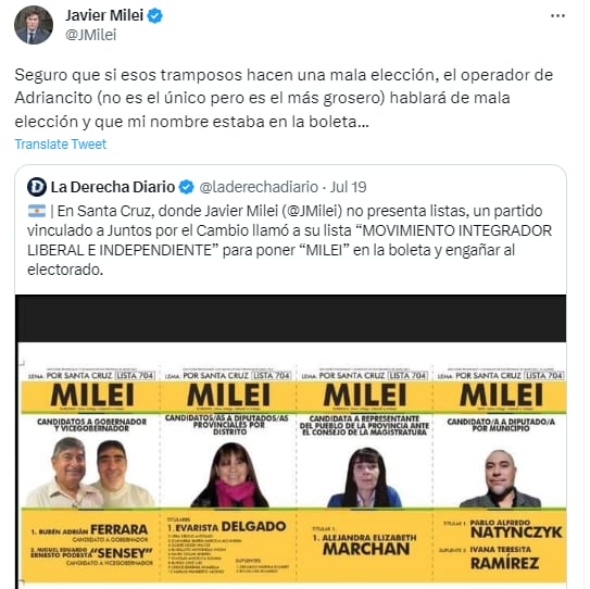 La boleta MILEI de Santa Cruz despertó el enojo del libertario y tildó a sus candidatos de  “tramposos”.