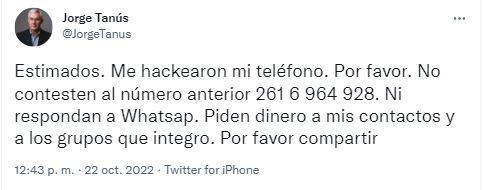 El twitter de Jorge Tanús alertando a sus contactos, tras el hackeo.