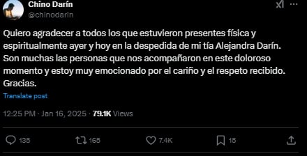 El emotivo mensaje del Chino Darín tras la muerte de su tía Alejandra.