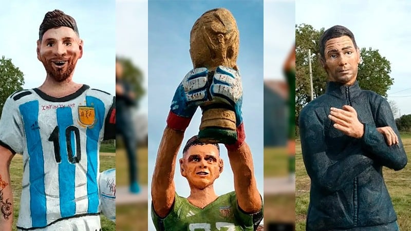 Estatuas en homenaje a figuras del fútbol argentino, como Lionel Messi y Lionel Scaloni, en la localidad de Gobernador Etchevehere, Entre Ríos.