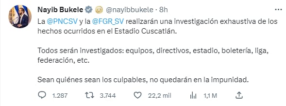 Tras la estampida humana en un partido de fútbol en El Salvador, el presidente Nayib Bukele, se expresó a través de su cuenta de Twitter.