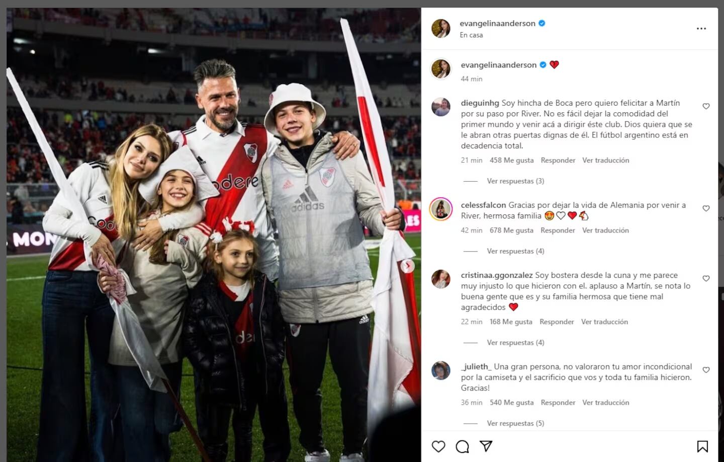 La publicación de Evangelina Anderson tras la salida de Martín Demichelis de River