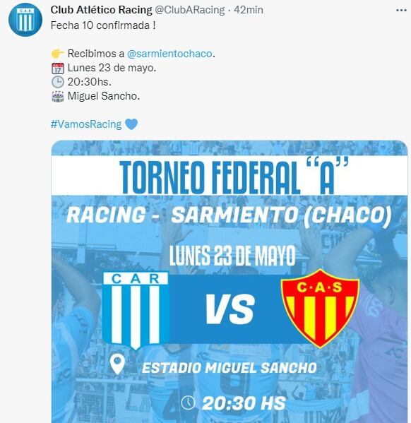 Racing cambia de día para su partido por el Federal A, por la final entre Boca-Tigre en el Kempes.