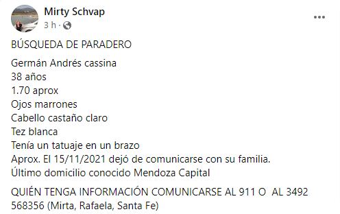 En la última publicación, realizada este día lunes, Mirta especifica datos para dar con el paradero de Germán.