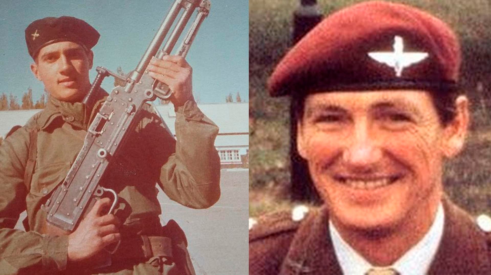 El soldado Oscar Ledesma del Ejército Argentino, con su armamento y el Teniente Coronel Herbert Jones, del Ejército Británico.