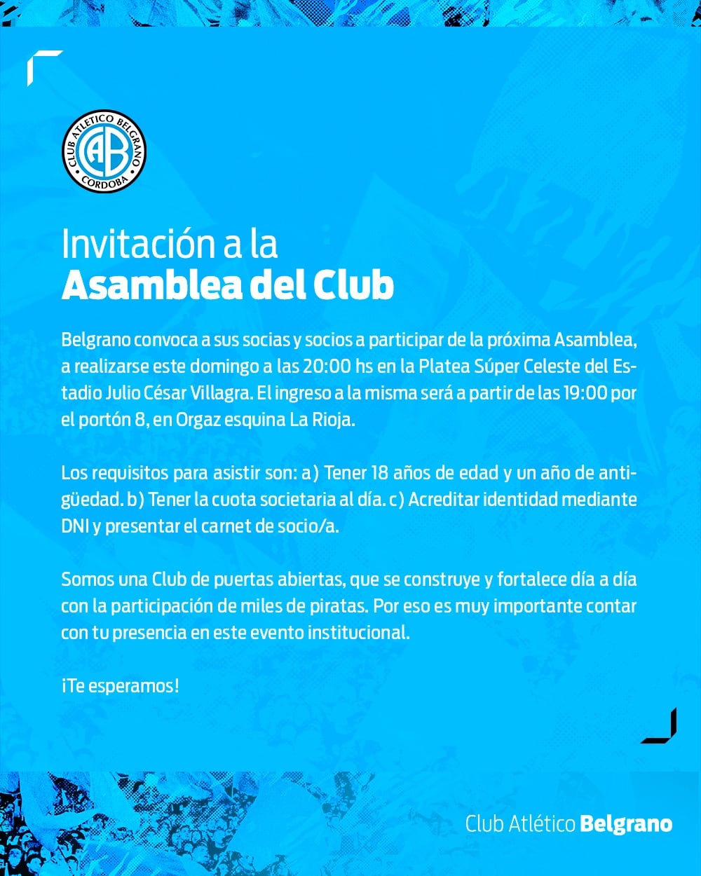 Asamblea de Belgrano este domingo desde las 20 en el Gigante de Alberdi.