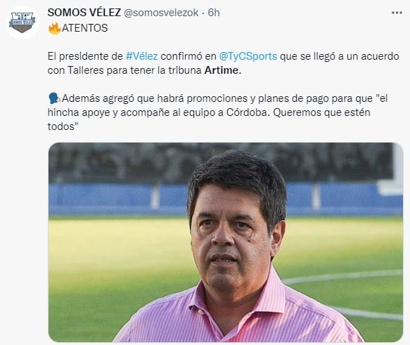 Sergio Rapisarda, presidente de Vélez, instó a los hinchas a viajar a la revancha con Talleres.