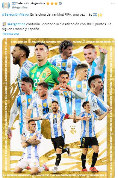 La cuenta oficial de la Selección argentina celebró mantenerse en la cabeza del podio.