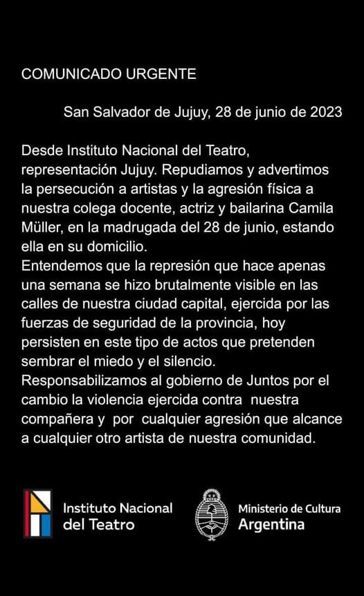 El Instituto Nacional del Teatro emitió un comunicado en referencia al episodio denunciado por la docente y artista Camila Müller en Jujuy.