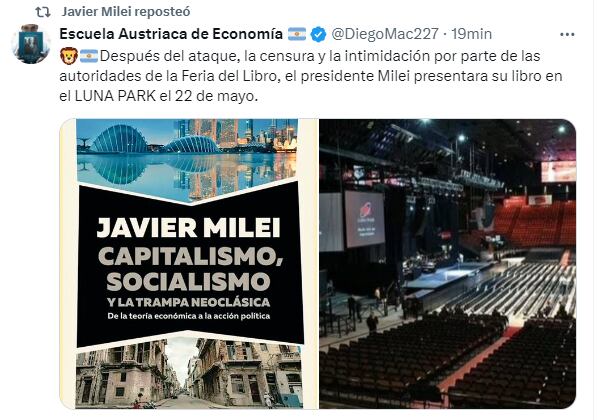 El retuit de Milei confirmando la presentación de su libro en el Luna Park.