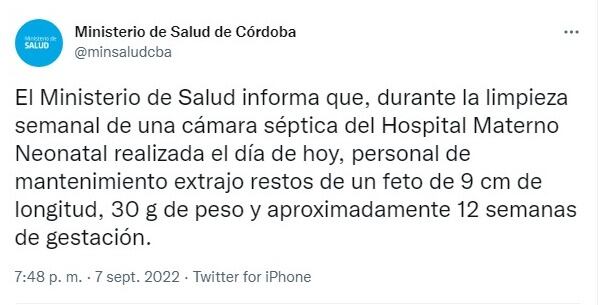 La confirmación del Ministerio de Salud de Córdoba.