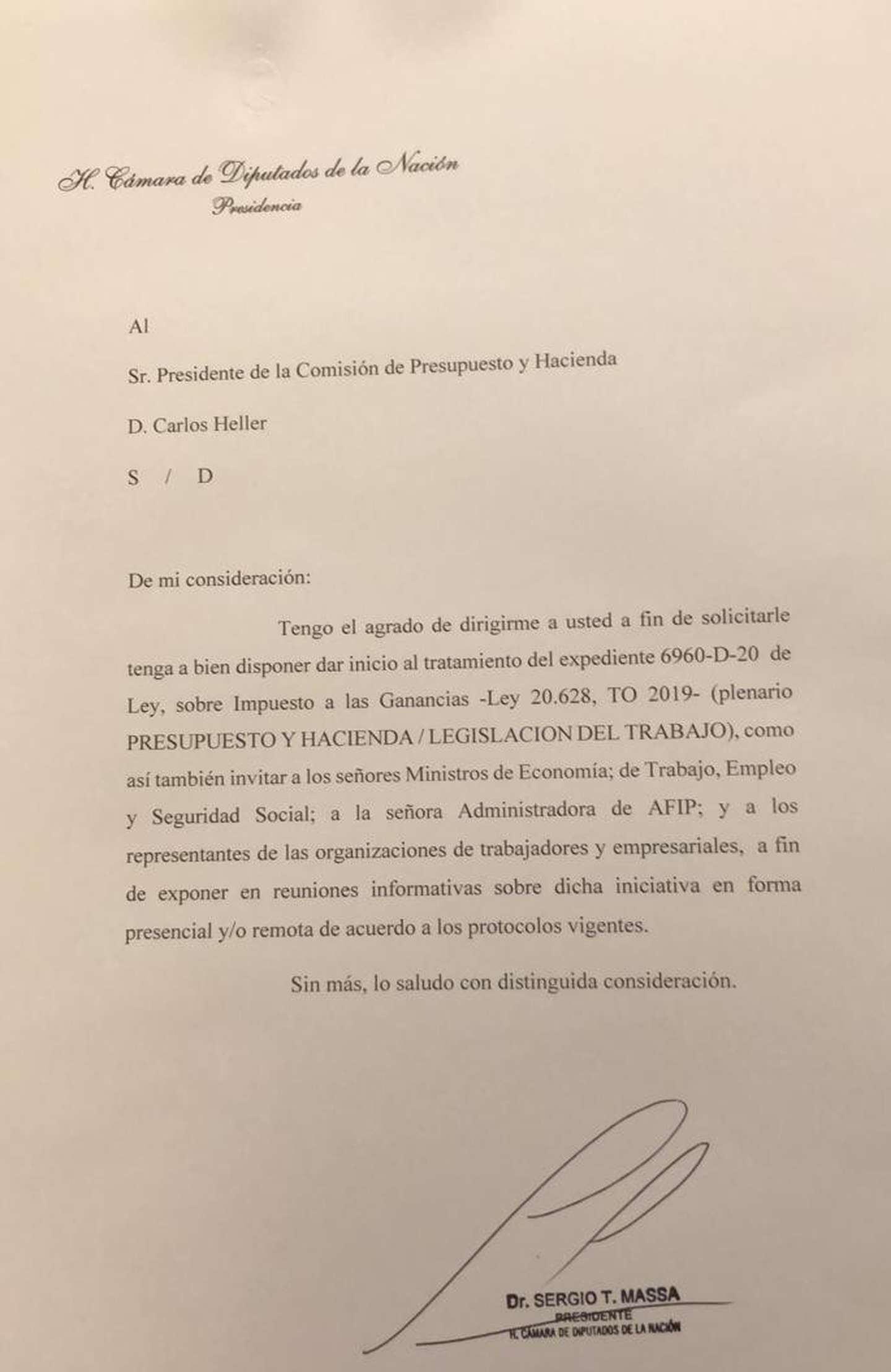 La carta que Sergio Massa le envió a Carlos Heller para convocar a la primera reunión informativa por las modificaciones al impuesto a las ganancias.