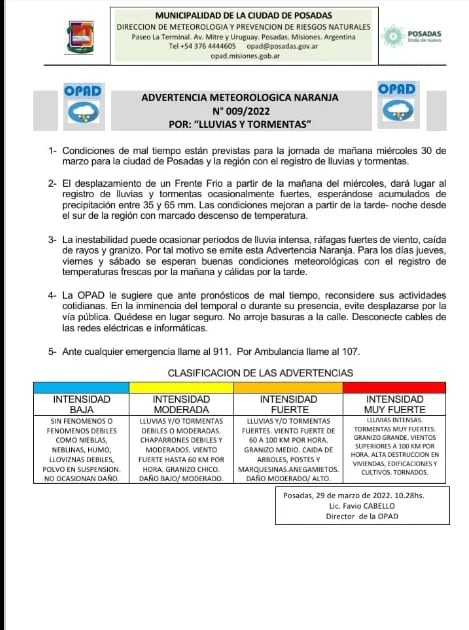 Alerta meteorológico para la provincia de Misiones.