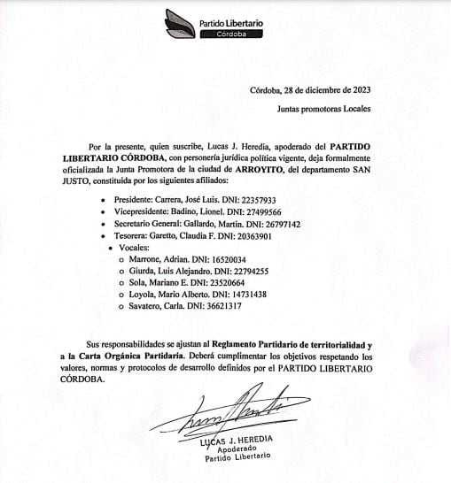 Nota Partido Libertario oficializa Junta Arroyito