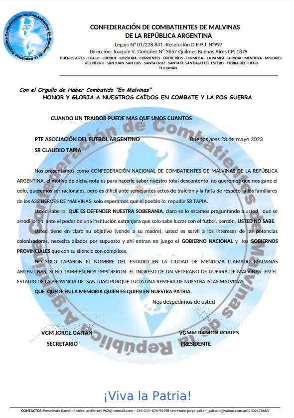 La Confederación Nacional de Combatientes de Malvinas de la República Argentina, repudió la prohibición de ingreso a un Veterano de Guerra.