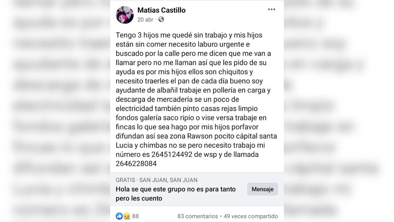 Un sanjuanino busca trabajo desesperadamente y lo compartió en Facebook