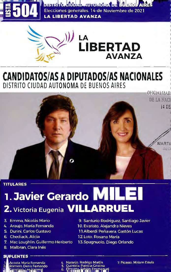 Boleta electoral de "La Libertad Avanza" para las Elecciones 2021 en Ciudad de Buenos Aires, con Javier Milei como cabeza de lista.