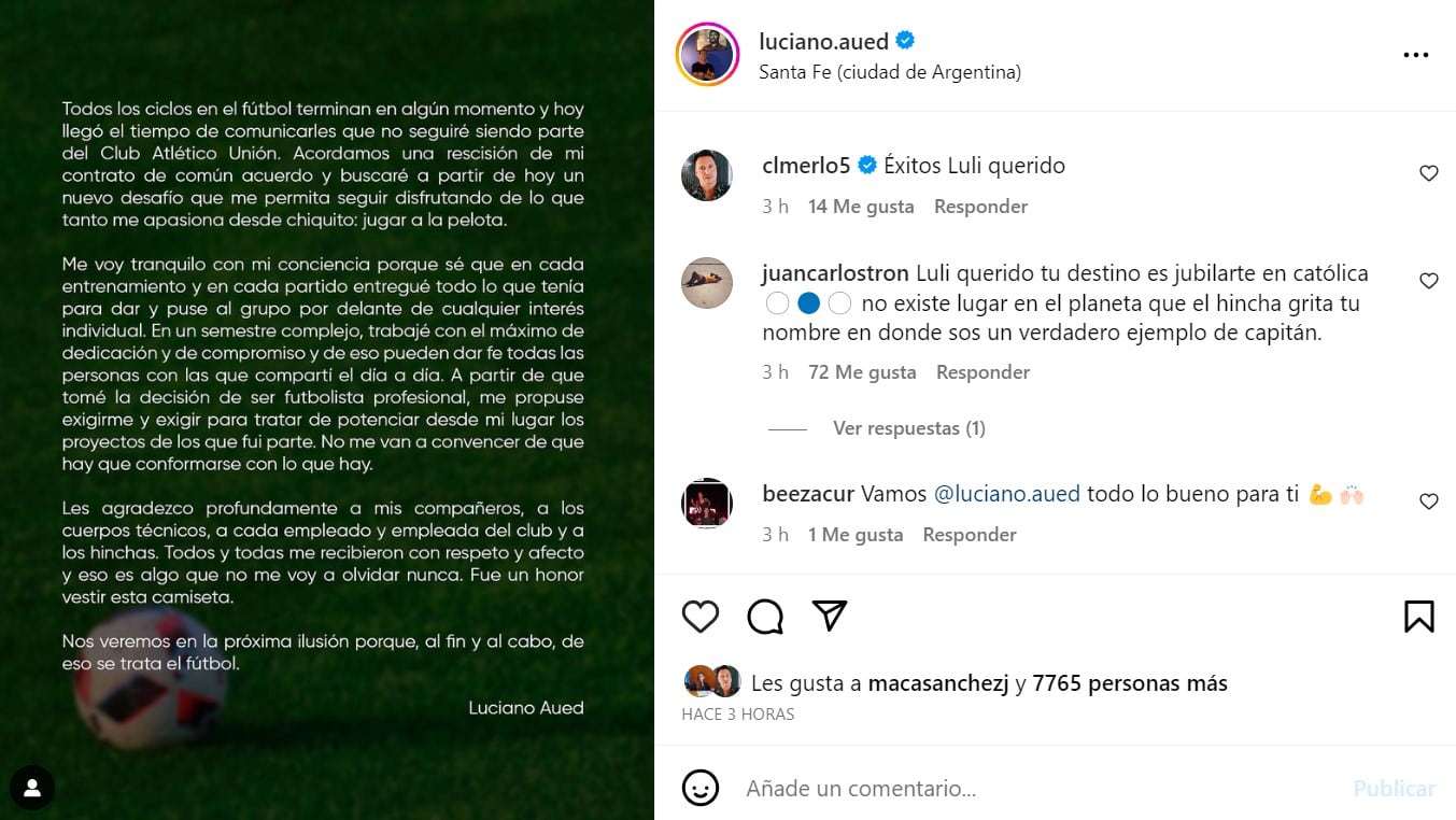 Posteo de Luciano Aued despidiéndose de Unión de Santa Fe