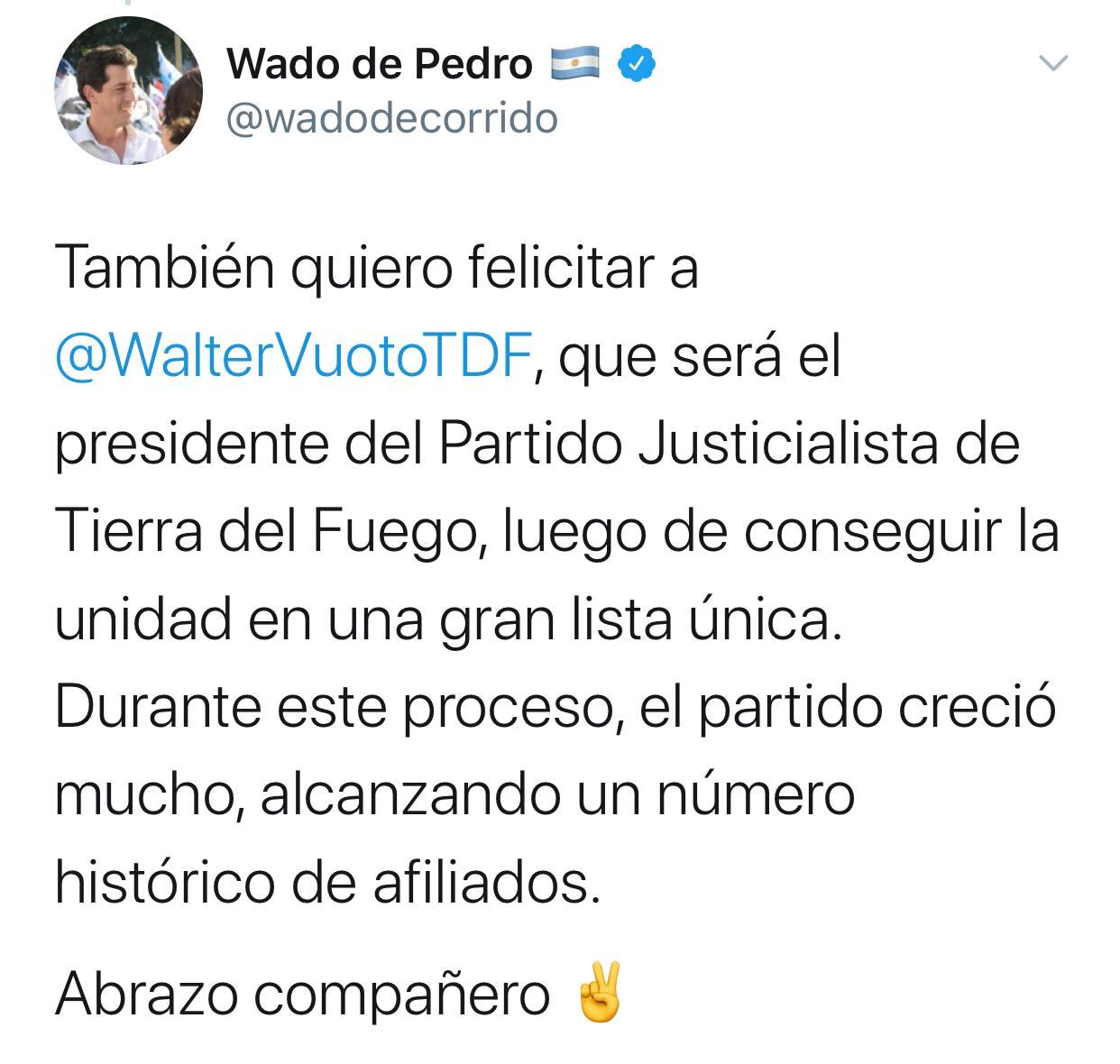 Dirigentes del PJ de todo el país expresaron sus felicitaciones hacia Walter Vuoto