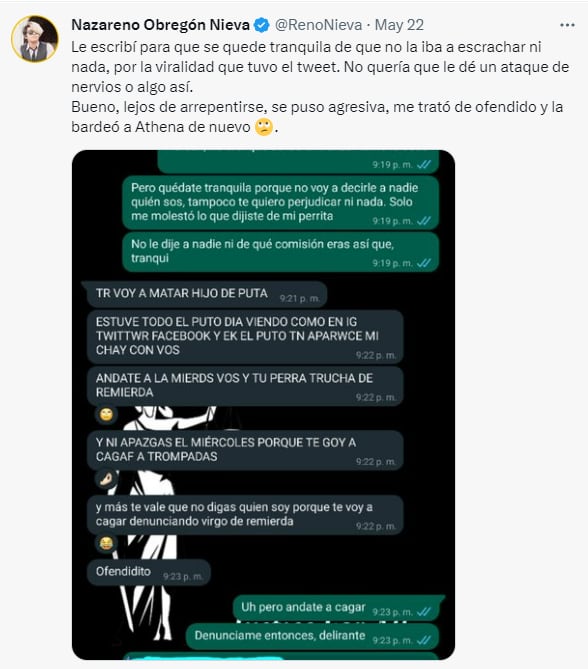 Le envió varios “requisitos” para poder estudiar con ella, se volvió viral y amenazó con denunciarlo.