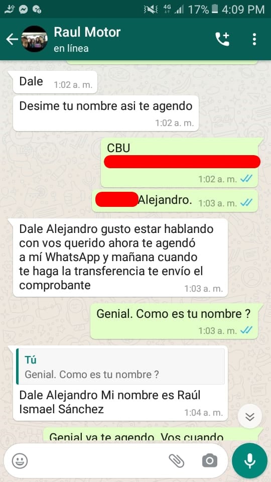 Estafa bancaria dialogo Whatsaap