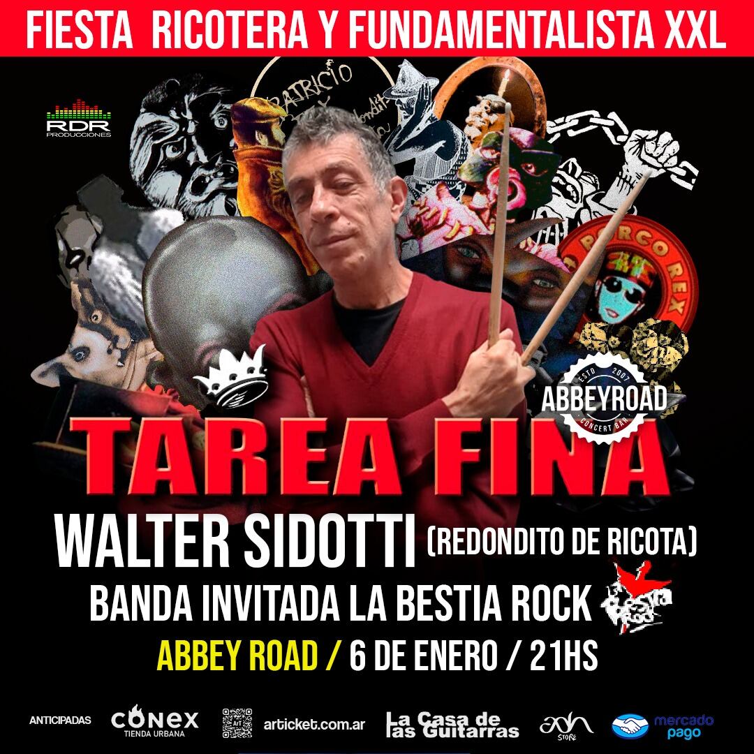 Tarea Fina se presentará el jueves 6 de enero junto a al ex baterista de Los Redondos, Walter Sidotti en el escenario de Abbey Road.