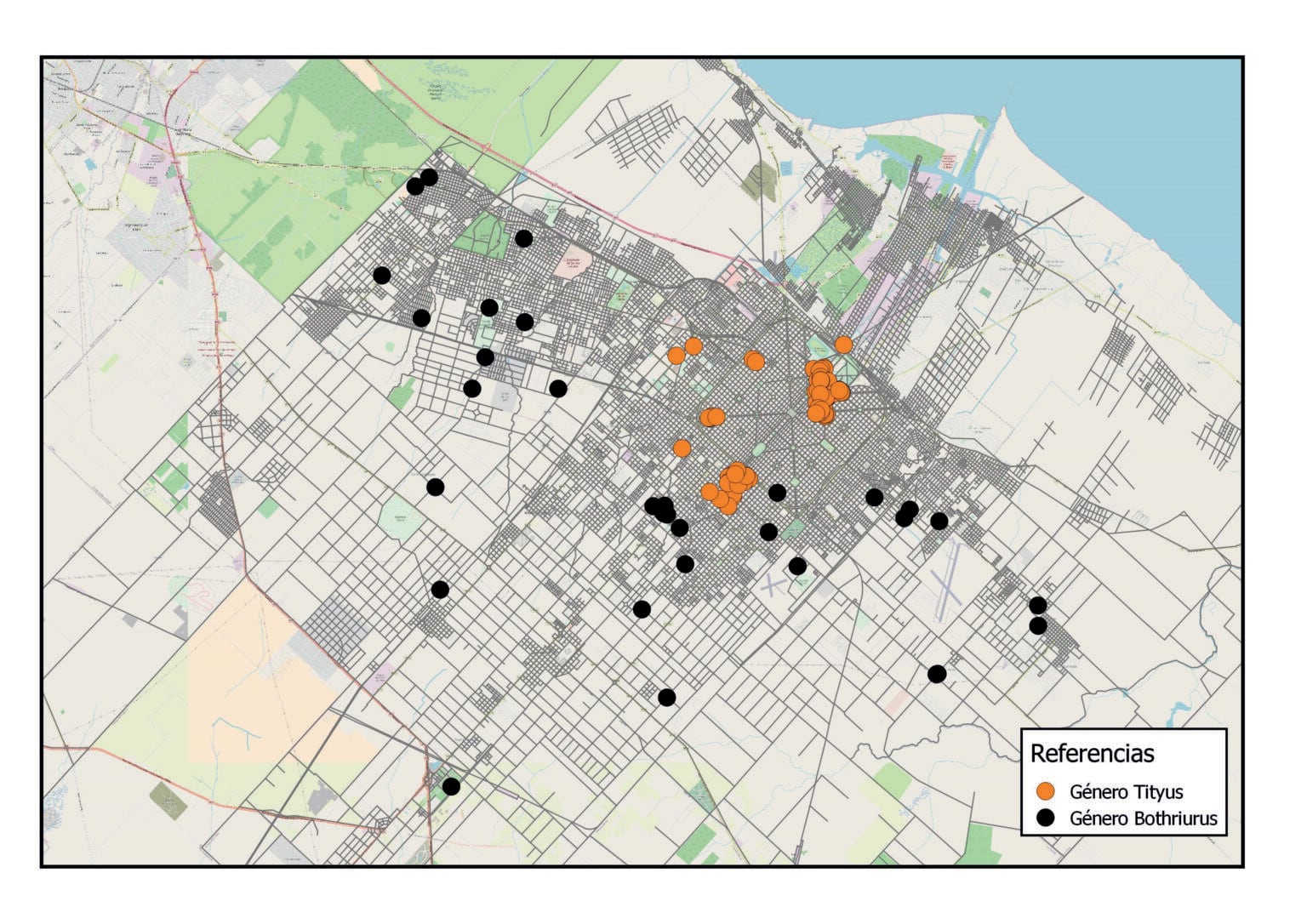 Mapa de los alacranes distribuidos en La Plata.